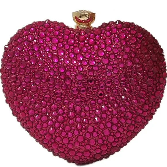 Ruby Cherry Red Facet Sparkle Crystals Heart Shaped Clutch Purse